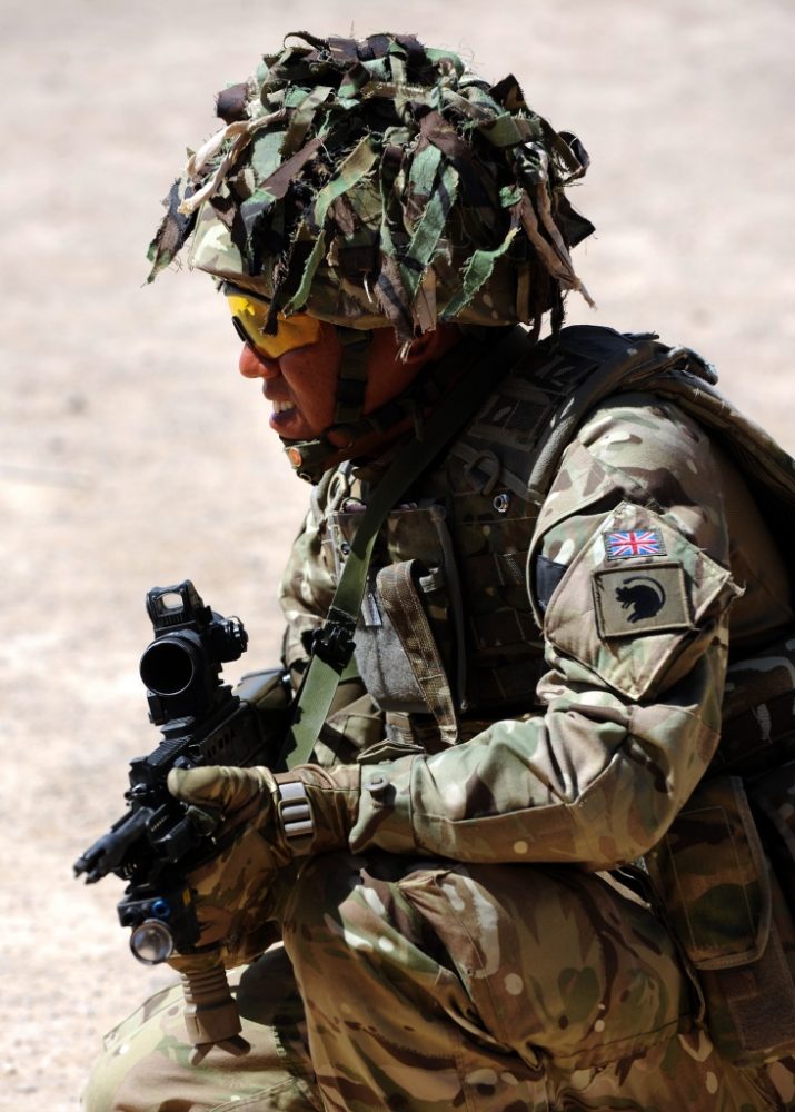 A soldier with the 4th Mechanized Brigade otherwise known as the 'Black Rats' is pictured taking part in a RSOI (Reception, Staging and Onward Integration) exercise having just arrived in Afghanistan. Day 5 on the RSOI is a mock Patrol Base Exercise. The soldiers are split into multiples and have to practice all drills taught throughout the week in order to conduct a shura in the mock village of Wahim Kalay.